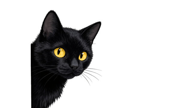 Black cat with bright yellow eyes peeking from the side, isolated on transparent background