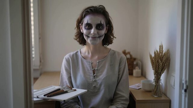 Starting camera recording, female with skull makeup relaxing and smiling at home desk with brushes