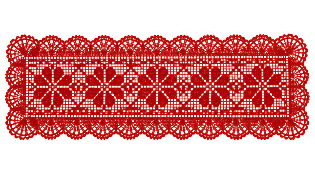 Red rectangular fabric patch with decorative lace edge isolated on transparent background