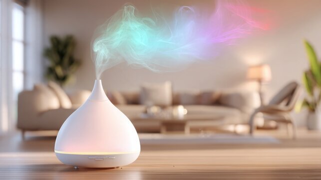 Elegant white aroma diffuser in the foreground releasing soft multicolored translucent mist, modern beige living room in the background, close