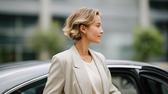 faceless blonde woman in a light beige blazer, getting out of a luxury car, minimalistic city background, side view, beige color palette, professional vibe
