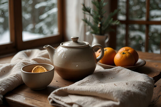 Cozy Winter Morning with Ceramic Teapot and Fresh Mandarins
