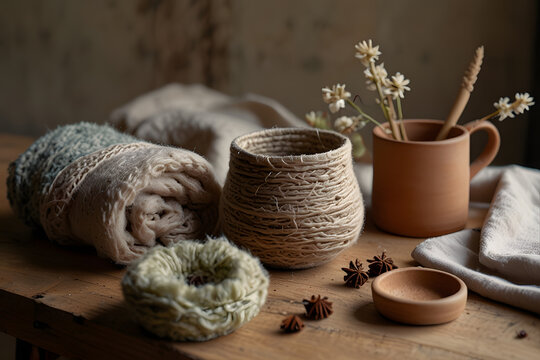 Cozy Hygge Textures Background with Knit Blanket and Twine Ball
