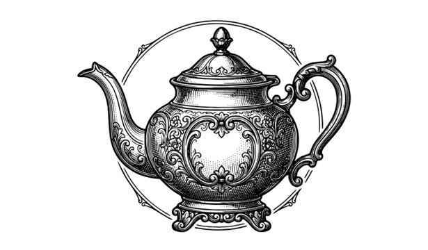 &bull; Vintage teapot line art vector with classic engraved metal tea kettle kitchen icon