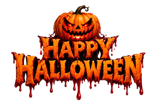Happy halloween text with a scary pumpkin face, isolated on white background
