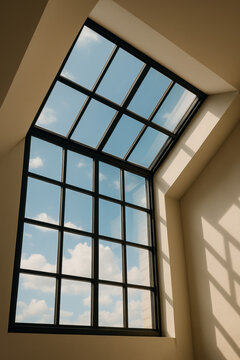 Tall black grid window extends into angled glass skylight