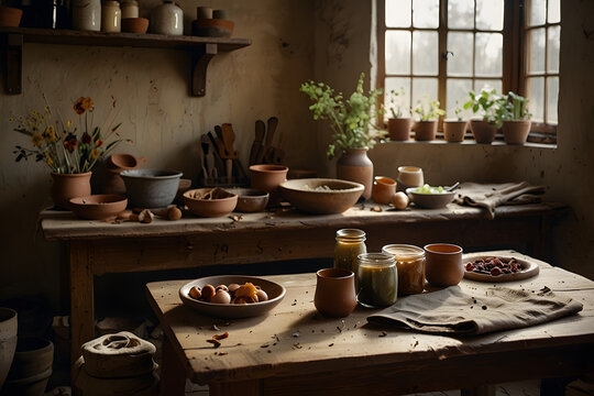 Rustic Kitchen Pantry Counter with Jars and Clay Pots