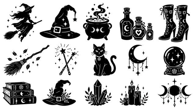 Set of halloween witch and magic icons including cauldron hat broom cat moon and magic wand silhouettes with cauldron, halloween
