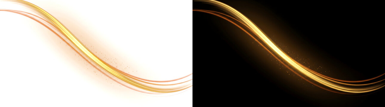 Bright golden light swoosh curving diagonally with a trail of sparkling dust for futuristic design in PNG, Transparent and Black Background Versions