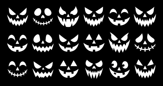 Set of hand drawn scary pumpkin faces for halloween with halloween collection jackolantern expression frightening horrifying decoration isolated stencils templates 