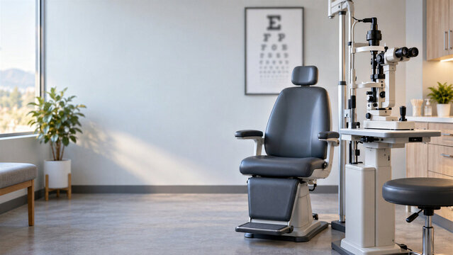 Empty modern eye clinic exam room with patient chair, slit lamp, eye chart on wall, ophthalmology office