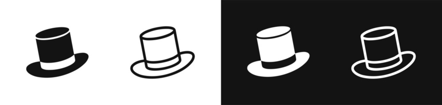 Classic top hat icon set in flat black and white styles, representing formal attire and magic.