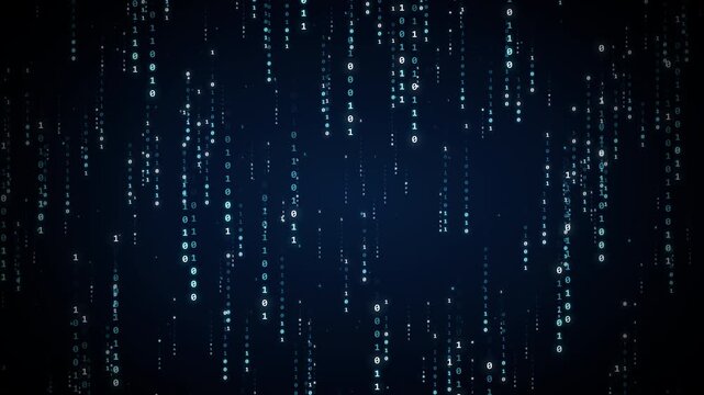 Futuristic binary code stream falling as a digital matrix rain for cyber security big data processing and quantum computing cloud
