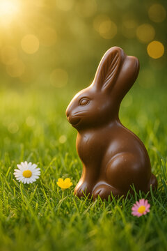Chocolate easter bunny sitting among daisies in sunlit grass