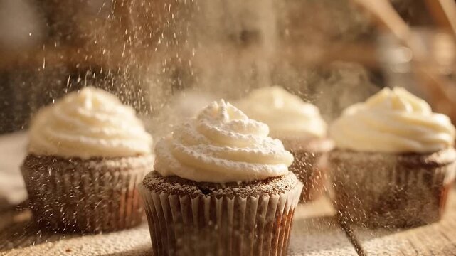 Cupcakes dusted with powdered sugar during decoration. Homemade dessert preparation for baking, pastry and celebration.