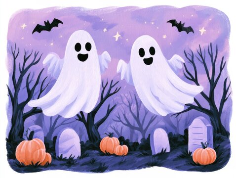 Two friendly ghosts with bats in a haunted graveyard at night