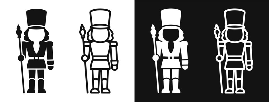 Nutcracker soldier icons, solid and outline, on white and black backgrounds
