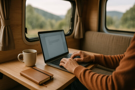 Person working on a laptop inside a cozy camper