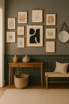 Framed gallery wall above a wooden console in a cozy room
