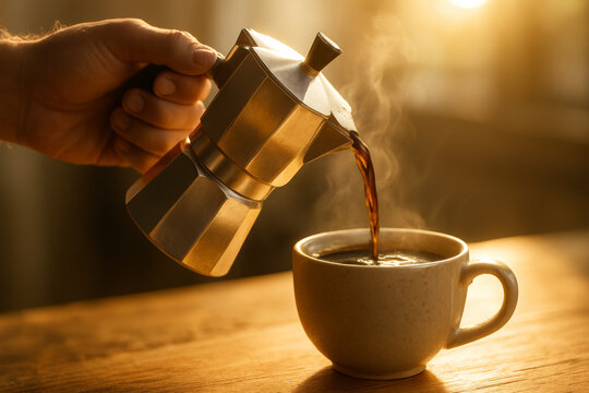 Hand pouring coffee from a metal moka pot into a cup