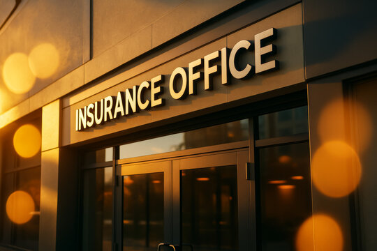 Insurance office sign above glass doors in golden reflections