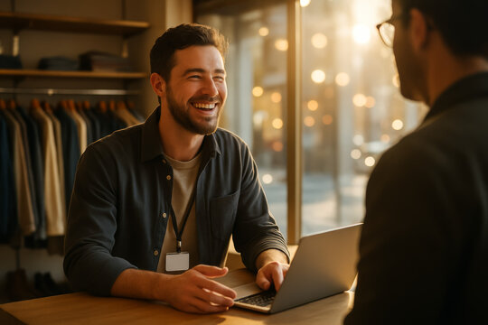Smiling retail assistant talks with customer across clothing store counter
