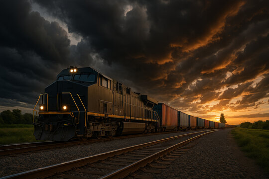 Freight train travels beneath dark clouds and fiery sunset