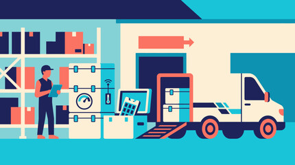 Obraz premium Warehouse worker managing logistics and shipping cargo with a delivery truck in a modern facility.