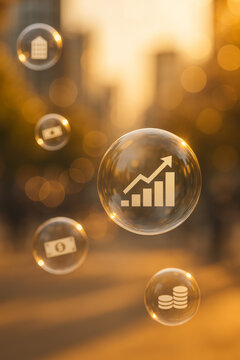 Rising financial chart and money symbols floating inside transparent bubbles