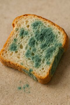 Blue green mold spreads across a slice of white bread