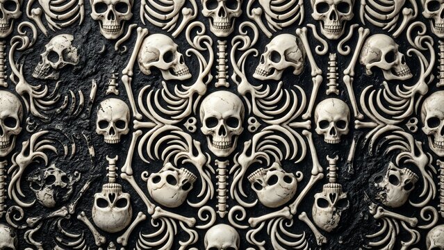 Abstract white skeletal bone patterns and skull silhouette textures on dark obsidian stone