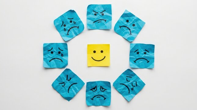A flat lay composition of nine crumpled pieces of blue and yellow paper with hand drawn sad and happy faces arranged in a circular pattern on a white background