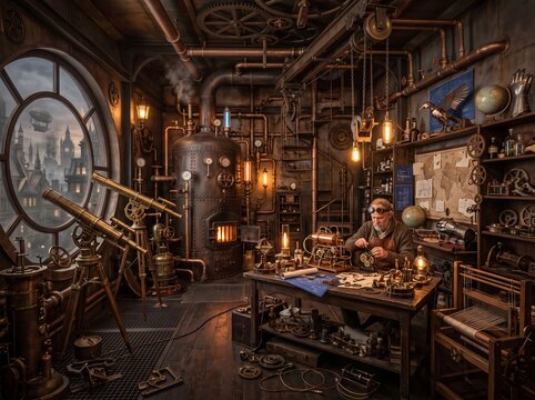 Senior Caucasian man working on a clockwork mechanism inside a detailed steampunk invention room workshop
