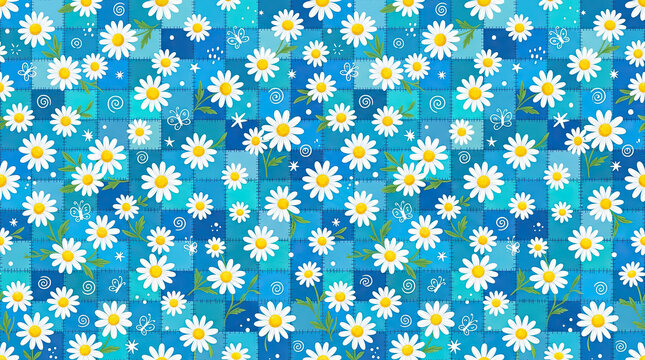 Seamless pattern with white daisy flowers on blue mosaic background