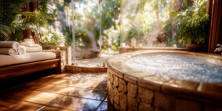 Round stone spa pool bubbles beside sunlit garden windows