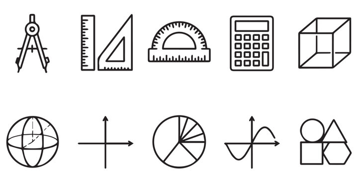 Mathematics and geometry icons set with line art style on white background. A collection of linear math and geometry symbols for educational design.