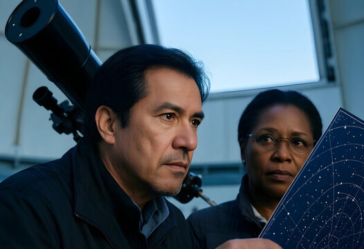 Scientific research and astronomy education, diverse experts studying star charts with a telescope in an observatory for space exploration and discovery