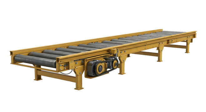 Yellow industrial roller conveyor system isolated on transparent background PNG