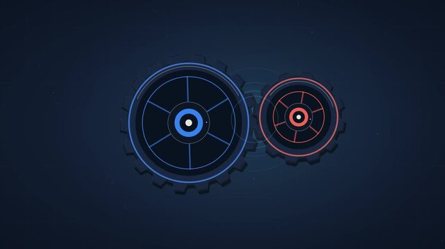 Futuristic 2.5D dimensional animation showing two different gears adjusting their positions, engaging their teeth, transferring mechanical force, and synchronizing into one coordinated system