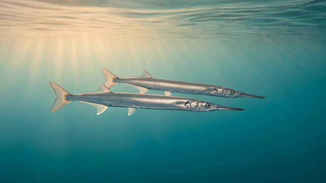 two needlefish close up underwater at morning light in florida keys usa video