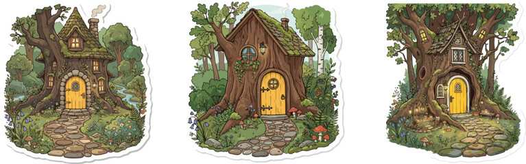 Obraz premium Whimsical fairy tale houses in lush green forest