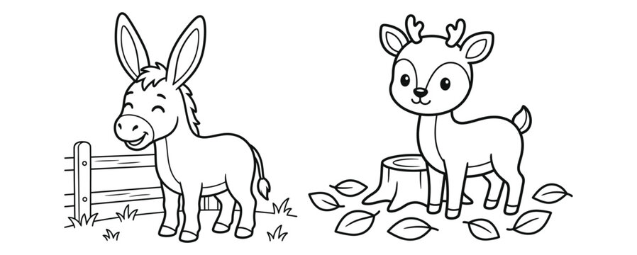 Smiling donkey and baby deer standing in a forest scene illustration