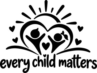 Fototapeta premium Every Child Matters hand lettering design, heart shaped child figures, joyful children and love accents, black illustration on white background