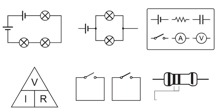 Electrical circuit diagrams and electronic component symbols vector set. Educational vector set of electrical circuits and physics symbols.