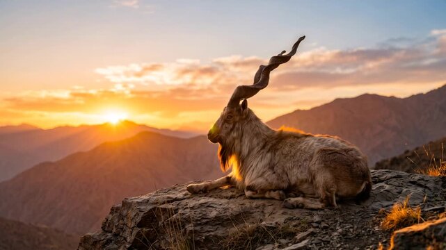 markhor resting close up at morning sunrise light in pakistan himalayan mountains video