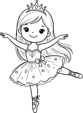 Cute little princess ballerina girl dancing in a tutu and tiara coloring page vector illustration
