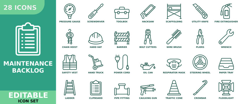 Maintenance backlog editable icon set featuring construction tools and safety equipment for industrial repairs