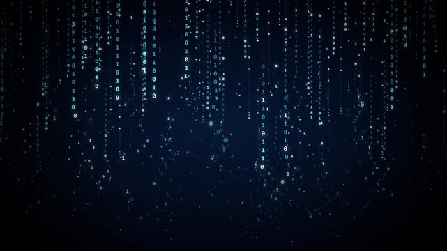 Futuristic binary code stream falling as digital matrix rain for cyber security data decryption quantum computing and big data
