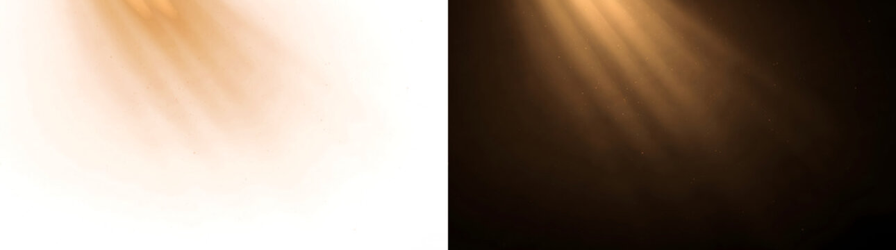 Spotlight with warm amber light rays and floating dust particles for dramatic backdrops in PNG, Transparent and Black Background Versions