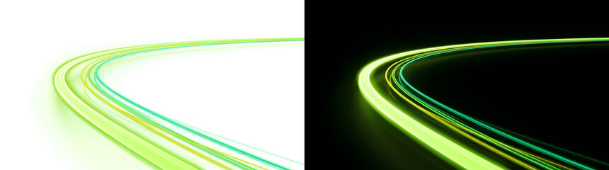 Light trail of curved green and teal neon lines with vivid glow for automotive ads in PNG, Transparent and Black Background Versions © mac